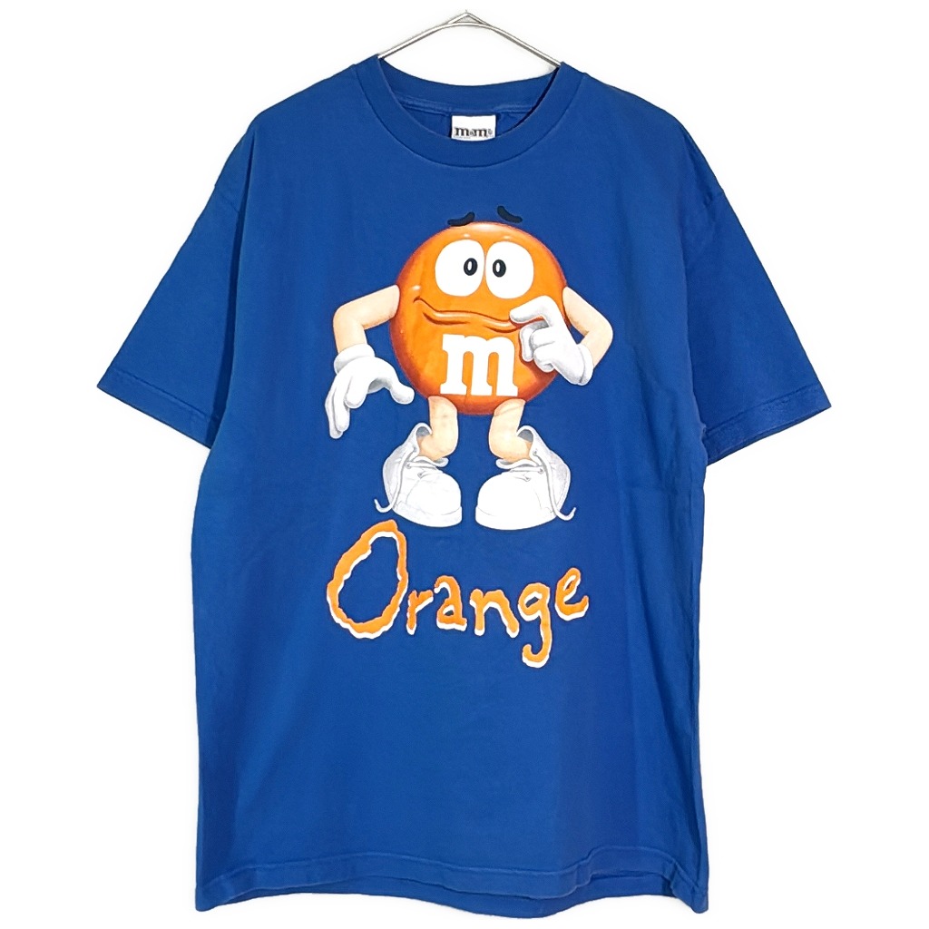 m&m's エムアンドエムズ オレンジ 半袖Ｔシャツ キャラクター 企業ロゴ ブルー(メンズ LARGE)中古 古着 X7726