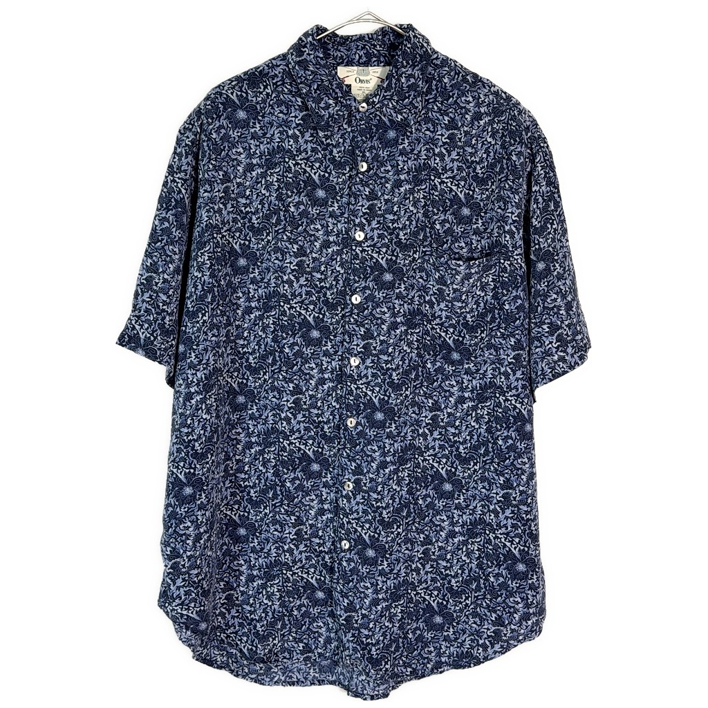 90年代 ORVIS オービス シルクシャツ アウトドア 総柄 ブルー(メンズ XL)中古 古着 X7961