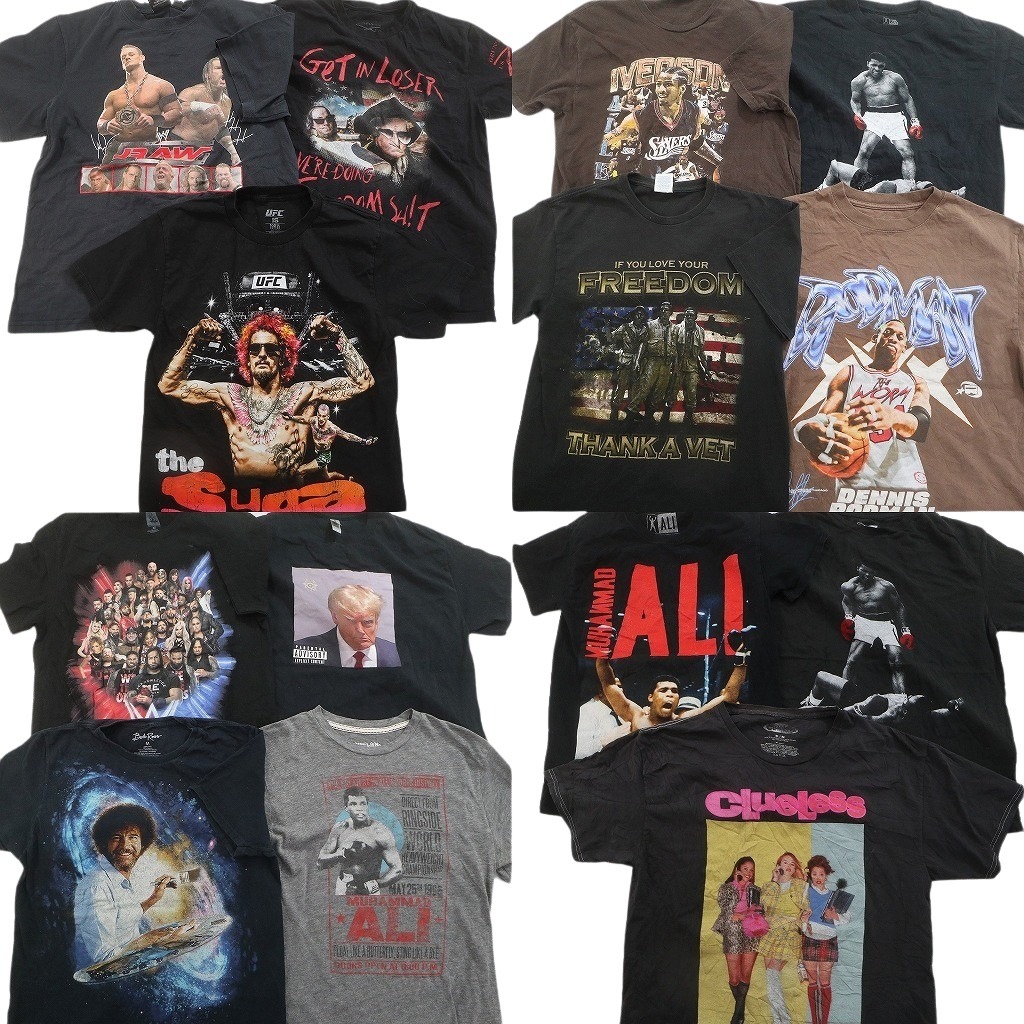 古着卸 まとめ売り 人物 半袖Tシャツ 14枚セット (メンズ S /M ) 星条旗 軍人柄 NBA モハメドアリ 大判プリント 映画 中古 古着 NE2439