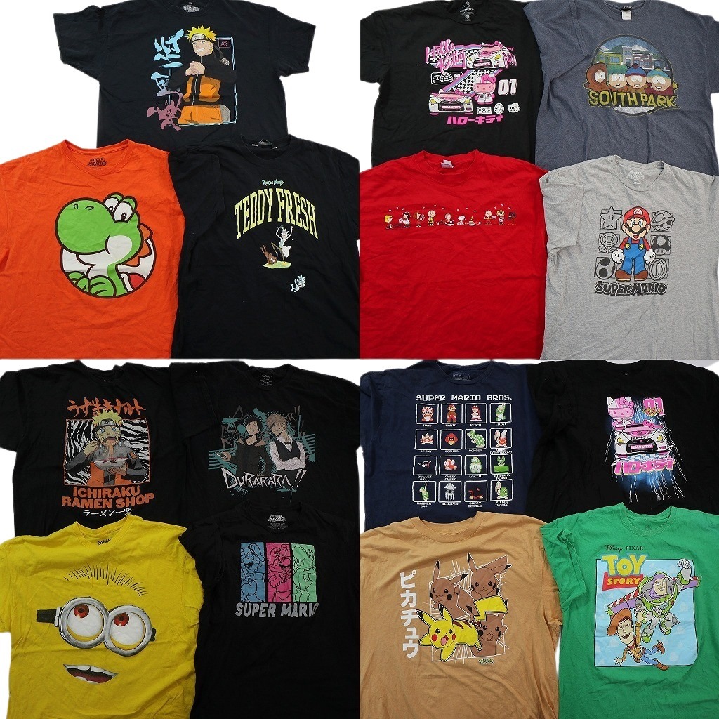 古着卸 まとめ売り キャラクター 半袖Tシャツ 15枚セット (メンズ 2XL ) ナルト マリオ ポケモン ハローキティ サンリオ 中古 古着 NE2551
