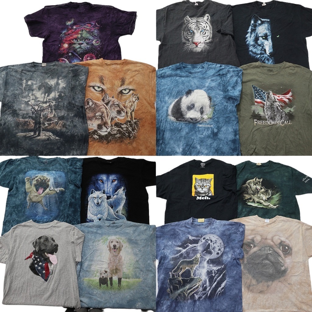 古着卸 まとめ売り アニマル 動物 半袖Tシャツ 15枚セット (メンズ 2XL ) タイダイ柄 ネコ イヌ 大判プリント 星条旗 パンダ 中古 NE2583