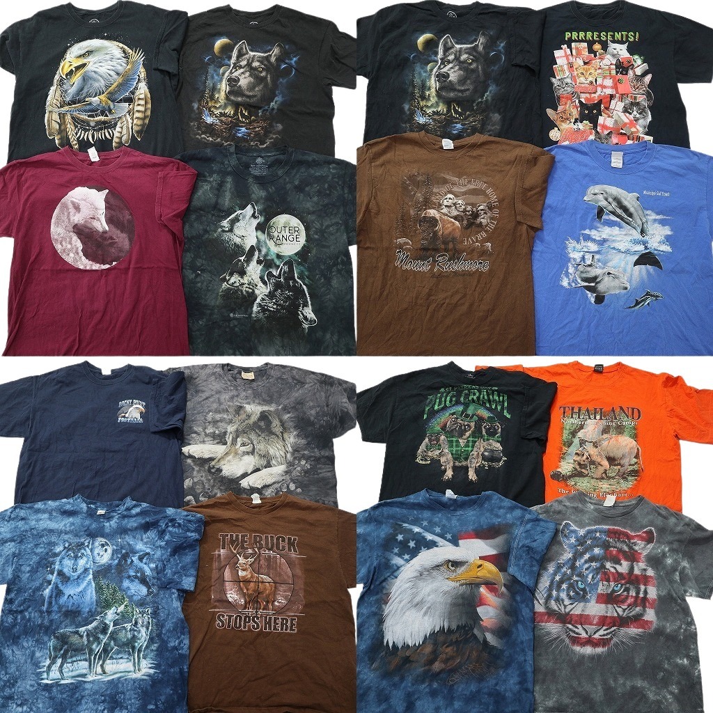 古着卸 まとめ売り アニマル 動物 半袖Tシャツ 16枚セット (メンズ XL ) イーグル タイダイ柄 星条旗 イヌ ネコ 中古 古着 NE2586