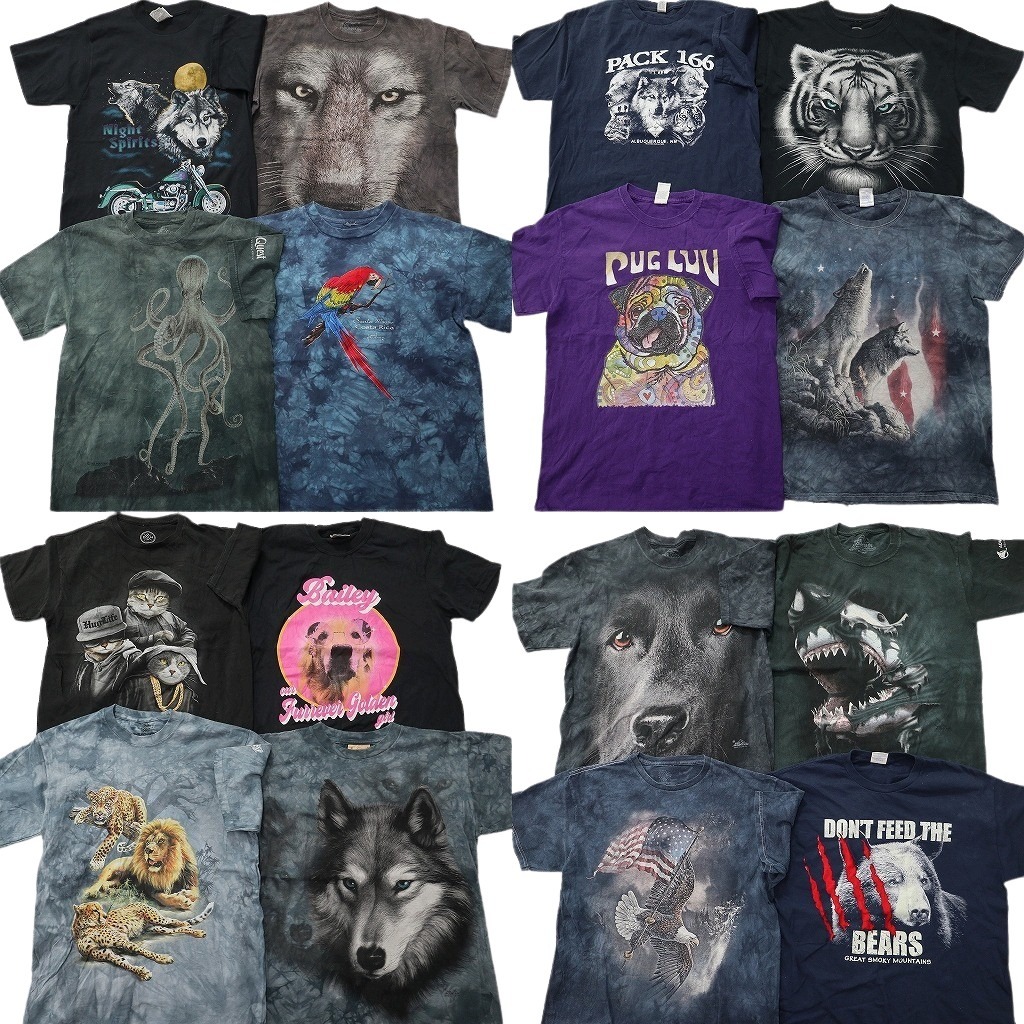 古着卸 まとめ売り アニマル 動物 半袖Tシャツ 16枚セット (メンズ M ) 大判プリント タイダイ柄 インコ イーグル ネコ 中古 古着 NE2599