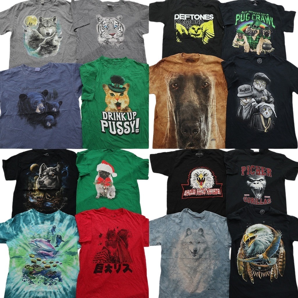 古着卸 まとめ売り アニマル 動物 半袖Tシャツ 16枚セット (メンズ M ) タイダイ柄 大判プリント イーグル リス ネコ 中古 古着 NE2610