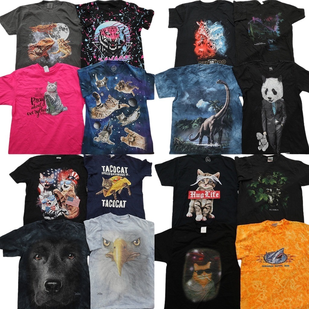 古着卸 まとめ売り アニマル 動物 半袖Tシャツ 16枚セット (メンズ S /M ) ペインティング柄 大判プリント ネコ タイダイ柄 中古 NE2611