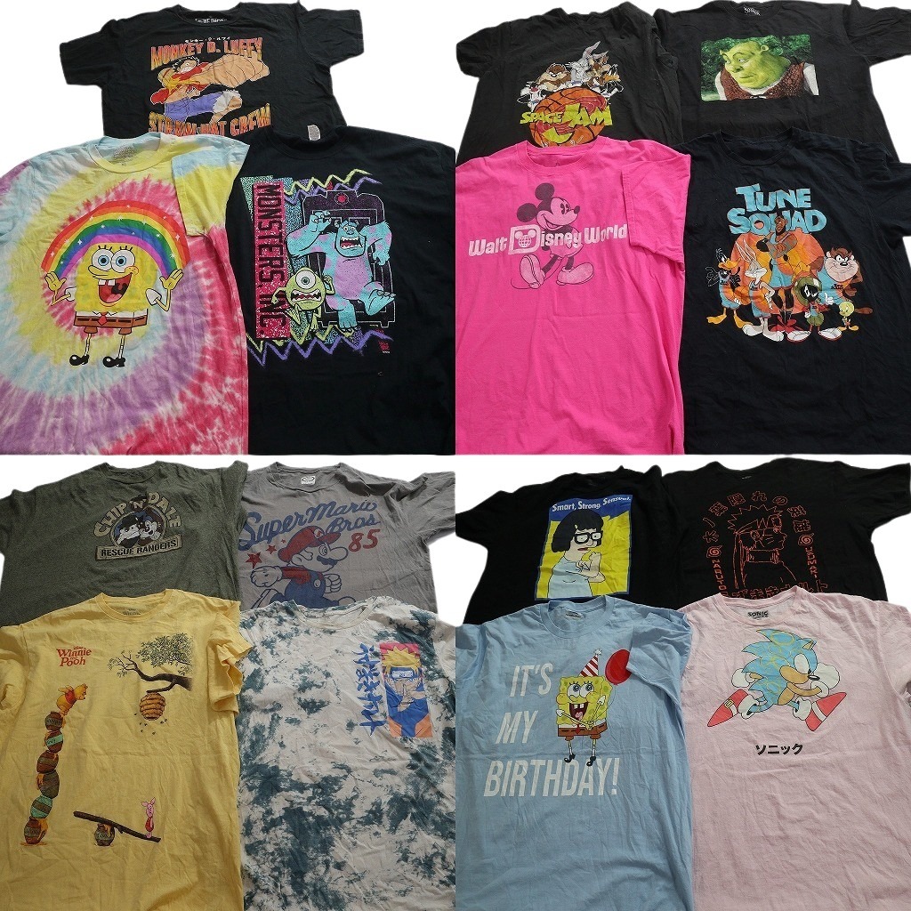 古着卸 まとめ売り キャラクター 半袖Tシャツ 15枚セット (メンズ XL ) ワンピース ディズニー スポンジボブ ナルト 中古 古着 NE2632