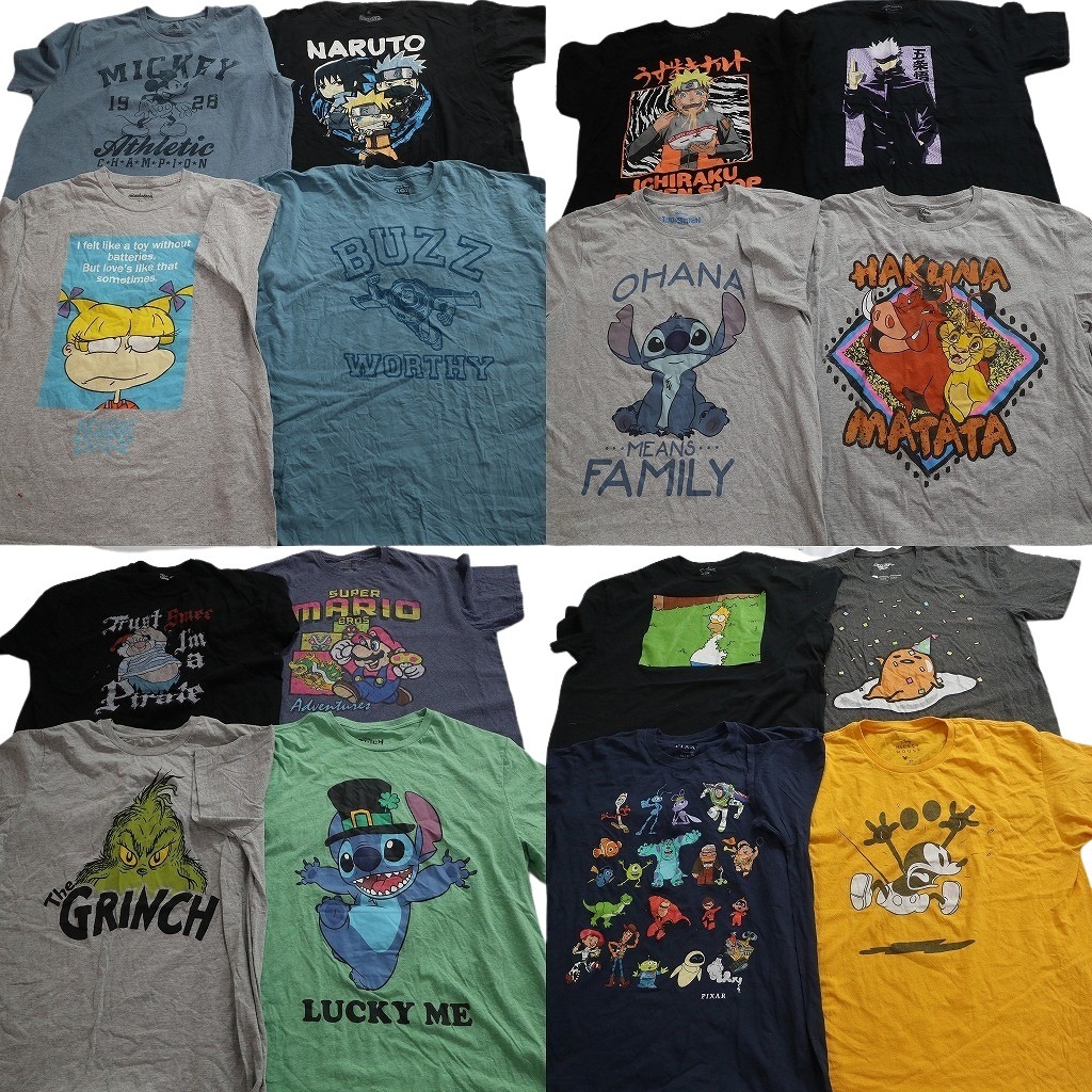 古着卸 まとめ売り キャラクター 半袖Tシャツ 16枚セット (メンズ L /XL ) ナルト ディズニー シンプソンズ グリンチ 中古 古着 NE2634