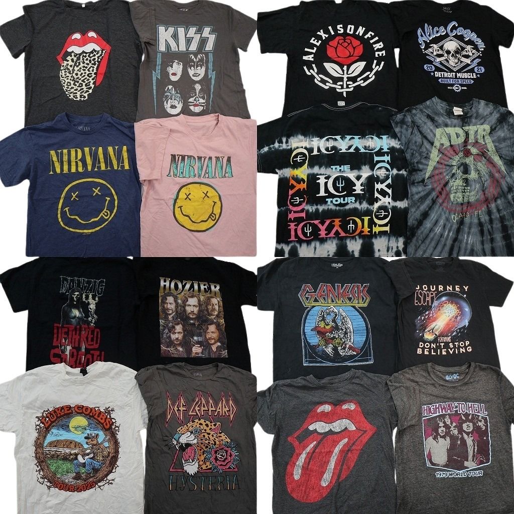 古着卸 まとめ売り 音楽・バンド 半袖Tシャツ 16枚セット (メンズ M ) ローリングストーンズ ニルヴァーナ KISS 人物 中古 古着 NE2709