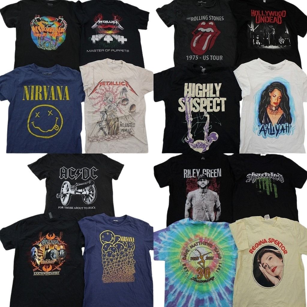古着卸 まとめ売り 音楽・バンド 半袖Tシャツ 15枚セット (メンズ M ) 人物 AC/DC ニルヴァーナ ローリングストーンズ 中古 古着 NE2715