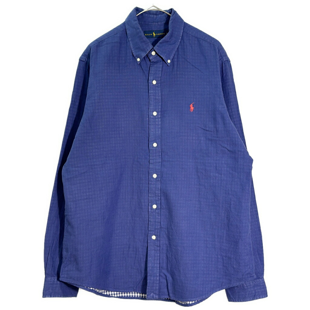 RALPH LAUREN ラルフローレン ボタンダウン 長袖シャツ 裏地チェック ネイビー(メンズ L)中古 古着 X8276