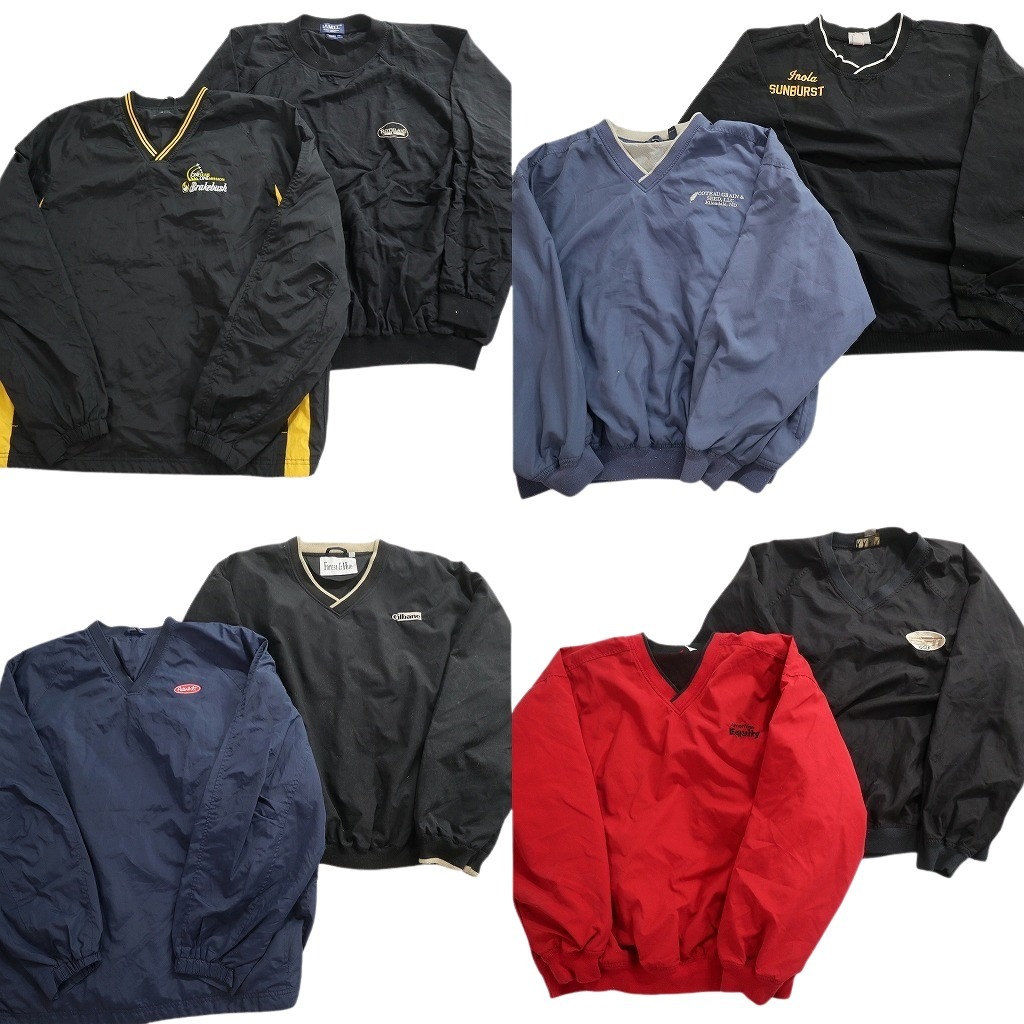 古着卸 まとめ売り ワンポイント プルオーバー ジャケット 8枚セット (メンズ 2XL /3XL ) ブラック レッド Ｖネック 中古 古着 NE2892