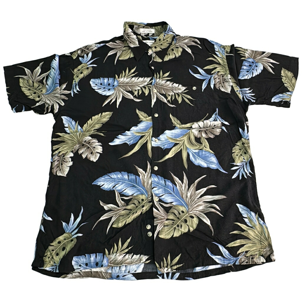 90年代 Pierre Cardin ピエールカルダン レーヨン アロハシャツ 植物 ブラック(メンズ L)中古 古着 X8833