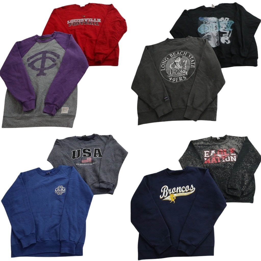 古着卸 まとめ売り カラー スウェット 8枚セット ( メンズ S/M ) ラグラン カレッジチーム 星条旗 ワンポイント 中古 古着 NE3412