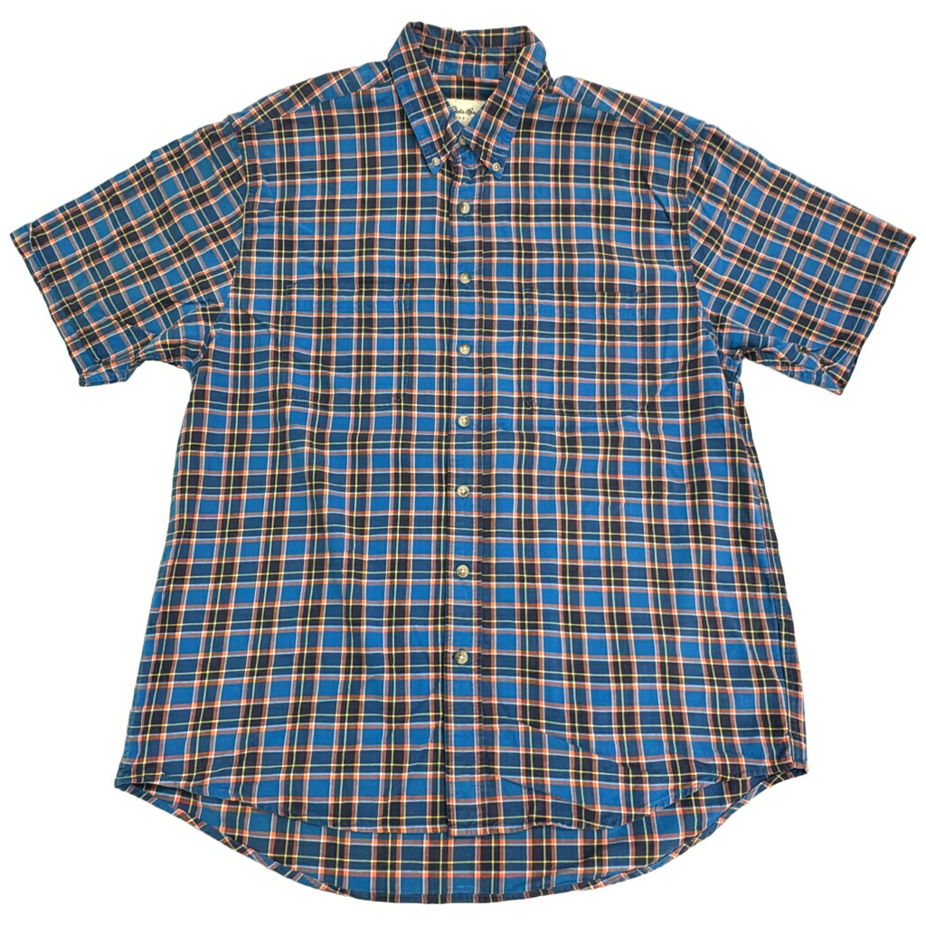 90年代 Eddie Bauer エディーバウアー ボタンダウン 半袖シャツ アウトドア チェック ブルー(メンズ L)中古 古着 X8870