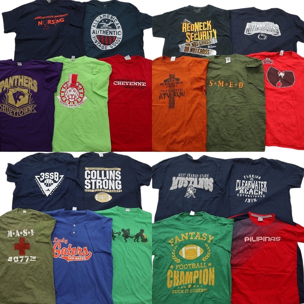 古着卸 まとめ売り カラー Tシャツ 19枚セット ( メンズ XL ) ヘンリーネック カレッジ風 英文字プリント 中古 古着 NE3649