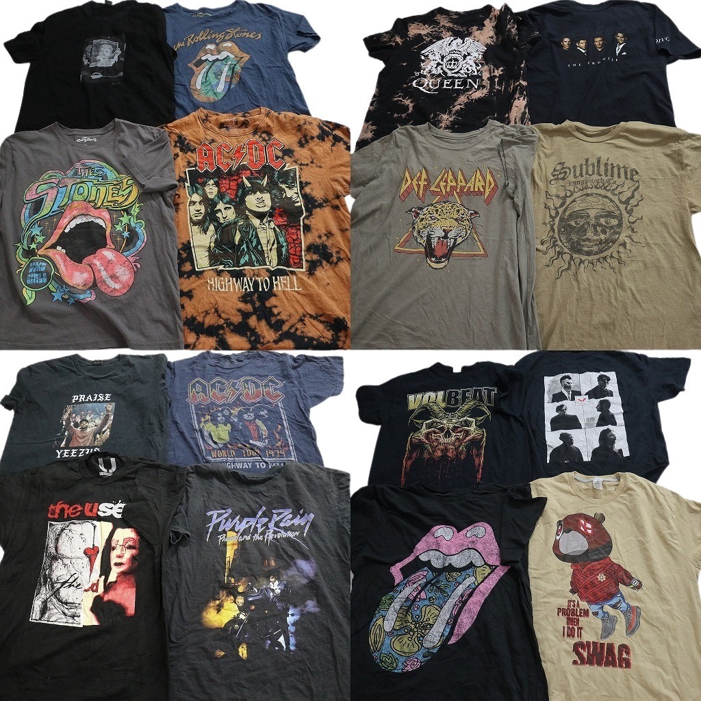 古着卸 まとめ売り 音楽・バンド Tシャツ 16枚セット ( メンズ L ) AC/DC ローリングストーンズ クイーン デフレパード 中古 古着 NE3954