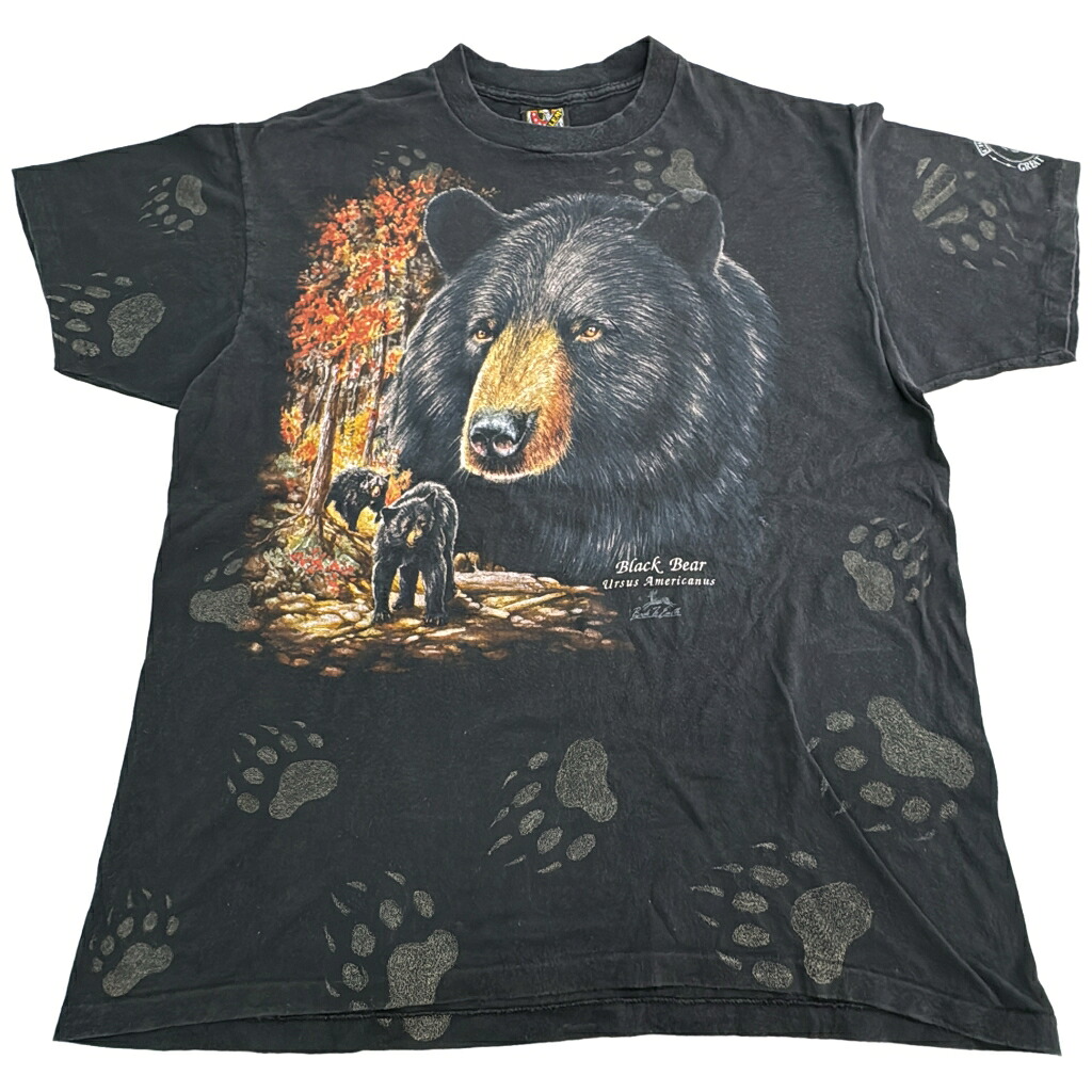 90年代 USA製 3D EMBLEM 3Dエンブレム アニマルプリント 熊 ブラックベア 半袖Ｔシャツ ブラック(メンズ L)中古 古着 X9309｜YAMAHISA USEDCLOTHINGSHOP