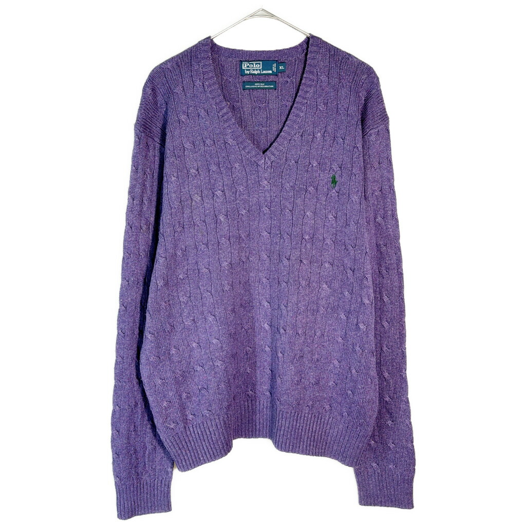 90年代 Polo by Ralph Lauren ポロ ラルフローレン Vネック ケーブルニット シルクセーター パープル(メンズ XL)中古 古着 X9318|YAMAHISA USEDCLOTHINGSHOP