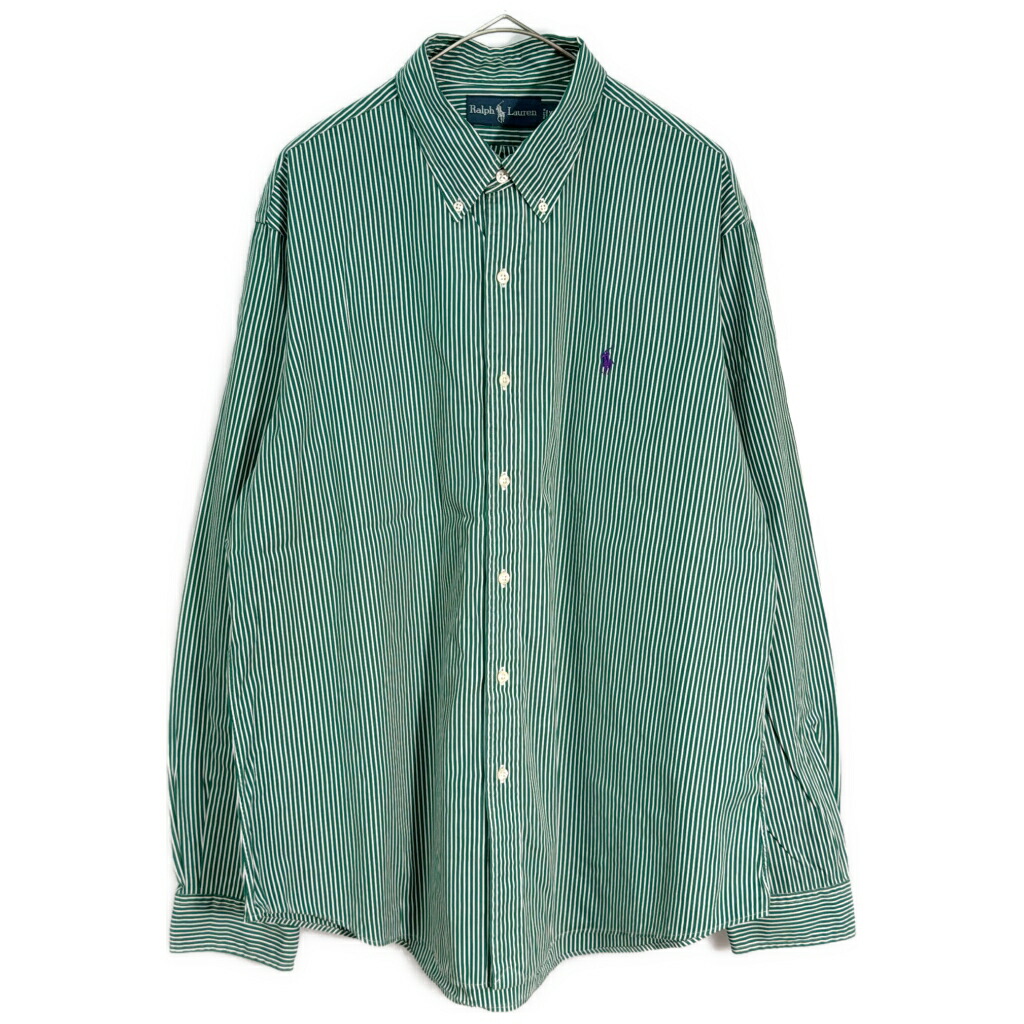 RALPH LAUREN ラルフローレン ボタンダウン 長袖シャツ ストライプ グリーン(メンズ XL)中古 古着 X9414