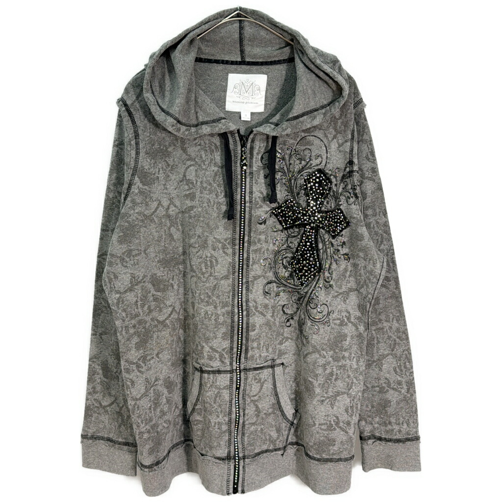 maurices premium 十字架 フルジップ スウェットパーカー Y2K 総柄 グレー(メンズ 2)中古 古着 X9459