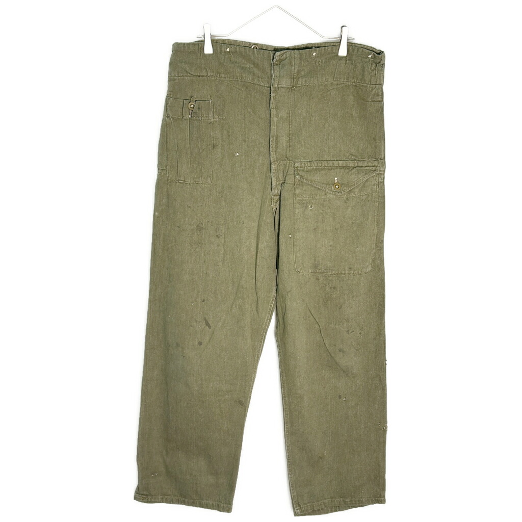50年代 イギリス軍 グリーンデニムパンツ ヴィンテージ ユーロ ミリタリー オリーブ(メンズ 3)中古 古着 Y2072｜YAMAHISA USEDCLOTHINGSHOP 27,528円