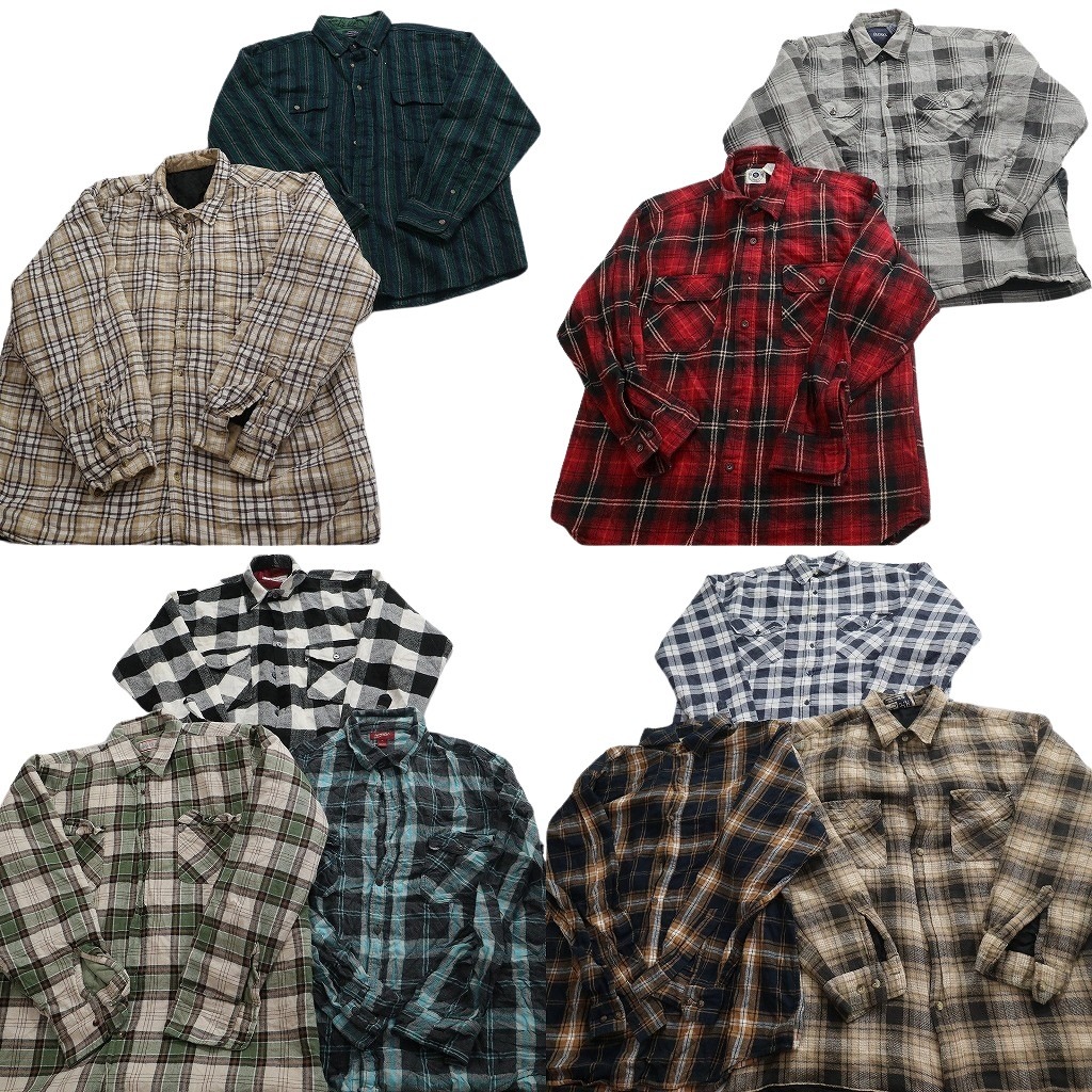 古着卸 まとめ売り フランネル ネルシャツ 長袖シャツ 10枚セット ( メンズ XL ) タータンチェック ストライブ 中古 古着 NF3604|YAMAHISA USEDCLOTHINGSHOP