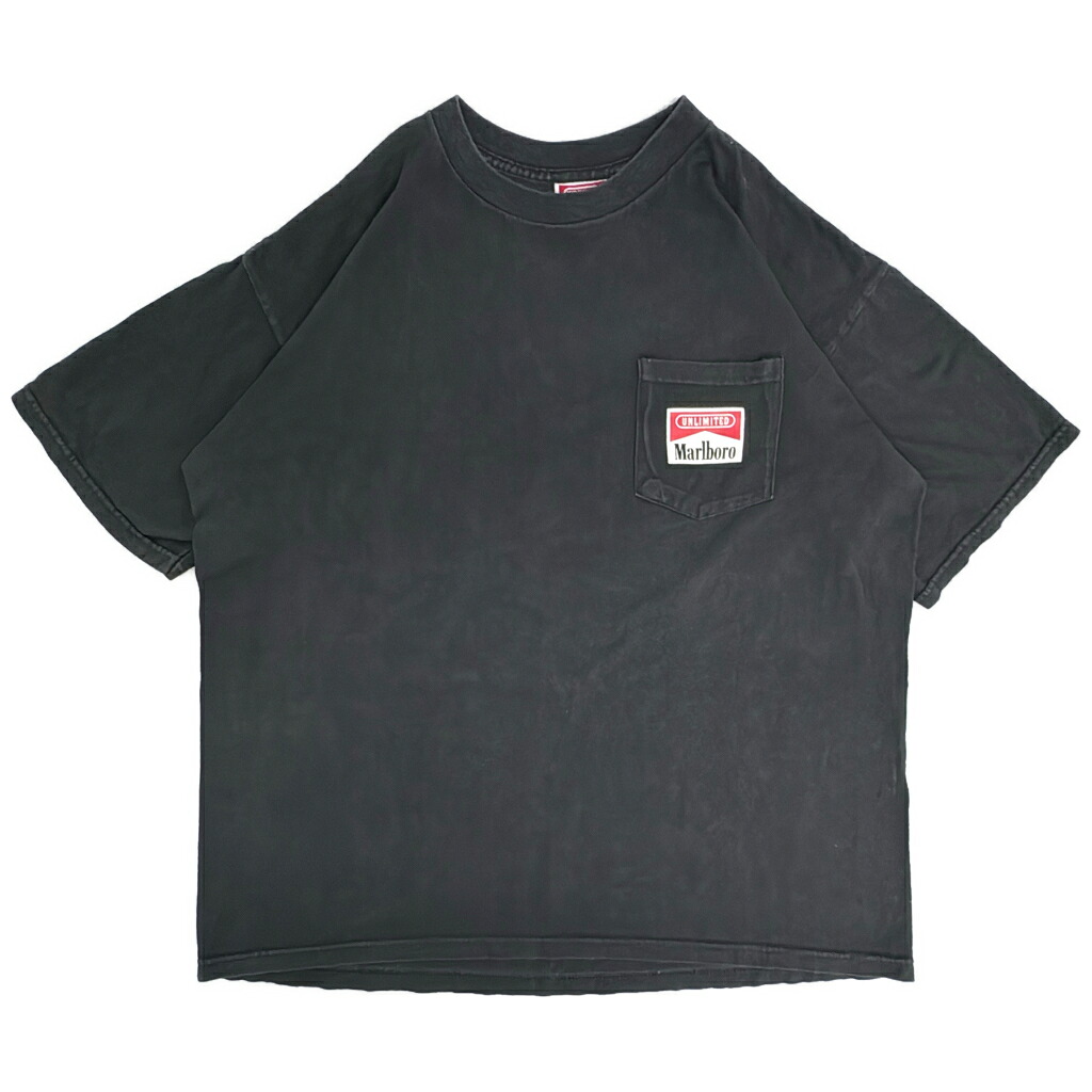 90年代 Marlboro マルボロ UNLIMITED RAILROAD ポケットＴシャツ 企業ロゴ ブラック(メンズ XL)中古 古着 Y5447｜YAMAHISA USEDCLOTHINGSHOP