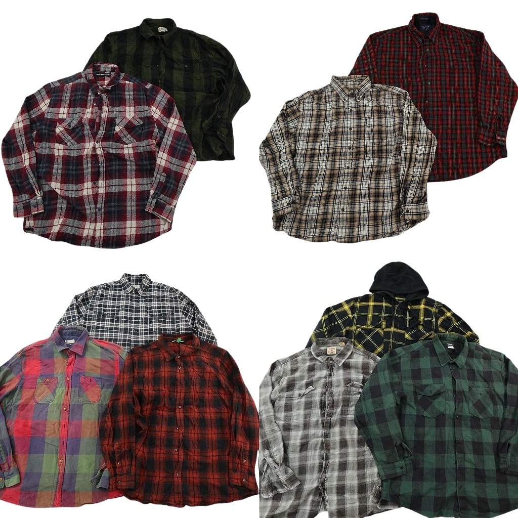 古着卸 まとめ売り フランネル ネルシャツ 長袖シャツ 10枚セット ( メンズ 2XL ) チェック ダブルフラップ 中古 古着 NF3524｜YAMAHISA USEDCLOTHINGSHOP
