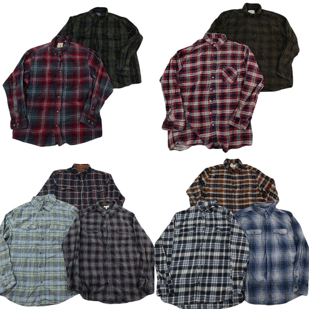 古着卸 まとめ売り フランネル ネルシャツ 長袖シャツ 10枚セット ( メンズ XL ) オンブレチェック ダブルフラップ 中古 古着 NF3528｜YAMAHISA USEDCLOTHINGSHOP