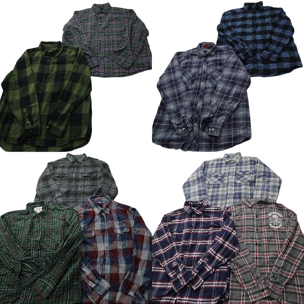 古着卸 まとめ売り フランネル ネルシャツ 長袖シャツ 10枚セット ( メンズ XL ) ダブルフラップ チェック 中古 古着 NF3564|YAMAHISA USEDCLOTHINGSHOP