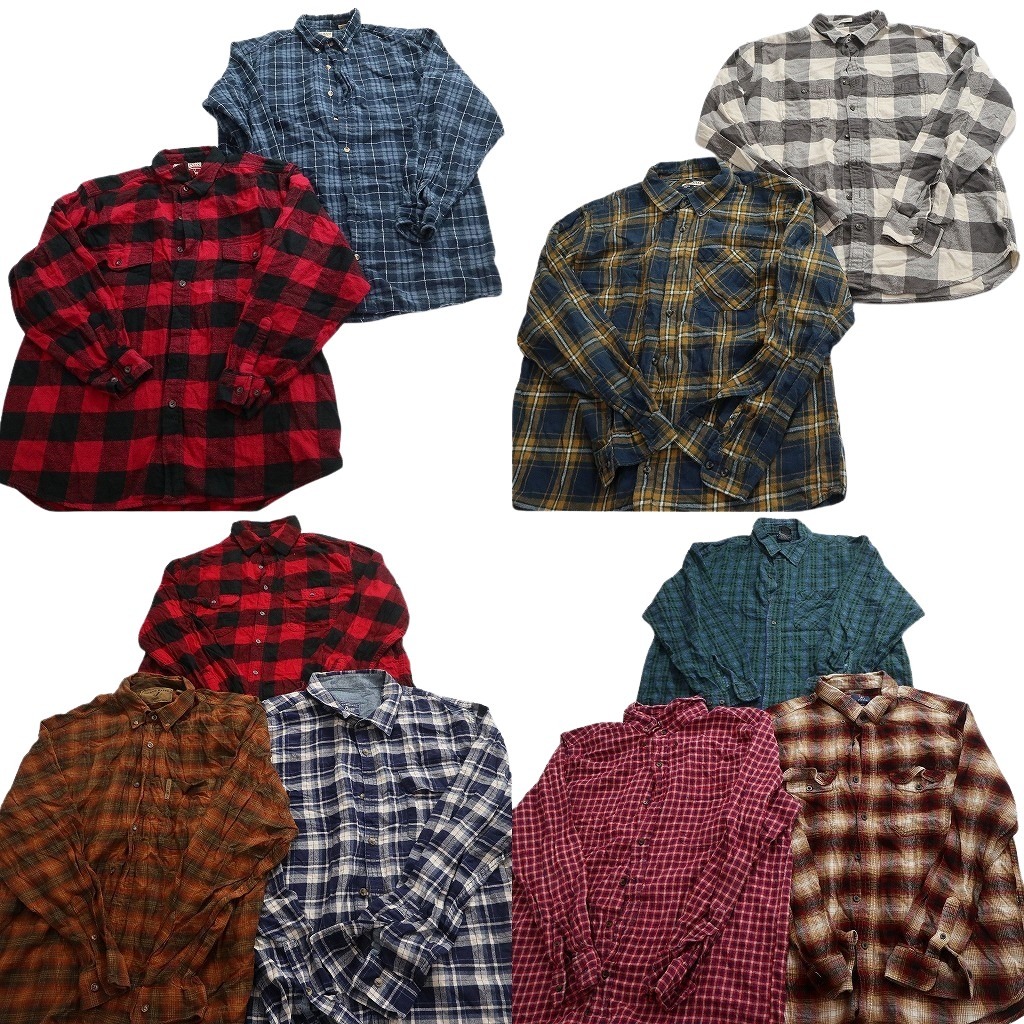 古着卸 まとめ売り フランネル ネルシャツ 長袖シャツ 10枚セット ( メンズ XL ) タータンチェック オンブレチェック 中古 古着 NF3612|YAMAHISA USEDCLOTHINGSHOP