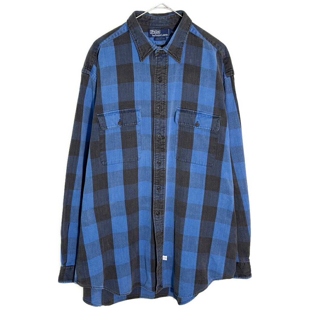90年代 Polo by Ralph Lauren ポロ ラルフローレン ヘビーフランネルシャツ バッファローチェック ブルー(メンズ XL)中古 古着 Y5793|YAMAHISA USEDCLOTHINGSHOP