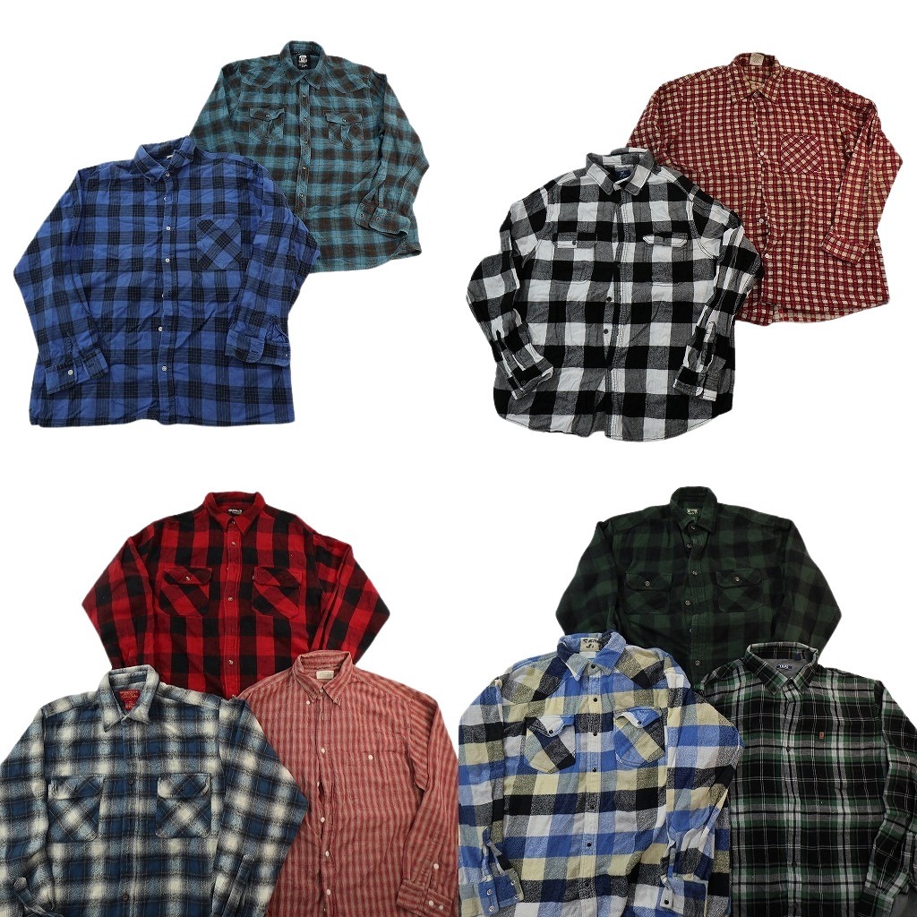 古着卸 まとめ売り フランネル ネルシャツ 長袖シャツ 10枚セット ( メンズ XL ) ダブルフラップ ボックスカット ボタンダウン 中古 NF6465｜YAMAHISA USEDCLOTHINGSHOP