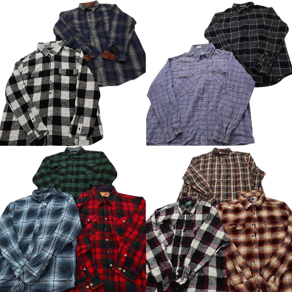古着卸 まとめ売り フランネル ネルシャツ 長袖シャツ 10枚セット ( メンズ 2XL ) ボタンダウン ボックスカット 中古 古着 NF6587|YAMAHISA USEDCLOTHINGSHOP