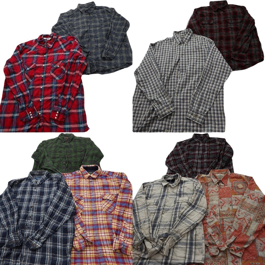 古着卸 まとめ売り フランネル ネルシャツ 長袖シャツ 10枚セット ( メンズ XL ) ダブルフラップ ボタンダウン 中古 古着 NF6588｜YAMAHISA USEDCLOTHINGSHOP