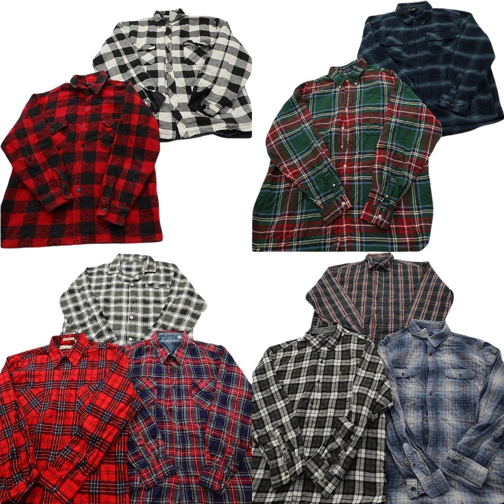 古着卸 まとめ売り フランネル ネルシャツ 長袖シャツ 10枚セット ( メンズ XL ) パジャマシャツ ダブルフラップ チェック柄 中古 NF6589｜YAMAHISA USEDCLOTHINGSHOP