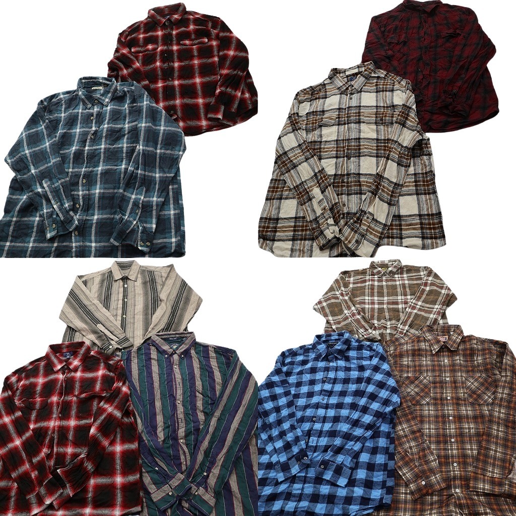 古着卸 まとめ売り フランネル ネルシャツ 長袖シャツ 10枚セット ( メンズ 2XL ) ストライプ チェック柄 ダブルフラップ 中古 古着 NF6596｜YAMAHISA USEDCLOTHINGSHOP