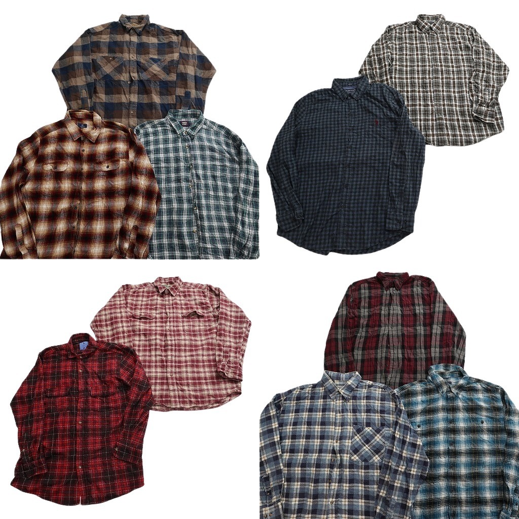 古着卸 まとめ売り フランネル ネルシャツ 長袖シャツ 10枚セット ( メンズ XL ) ダブルフラップ オンブレ チェック 中古 古着 NF6606|YAMAHISA USEDCLOTHINGSHOP