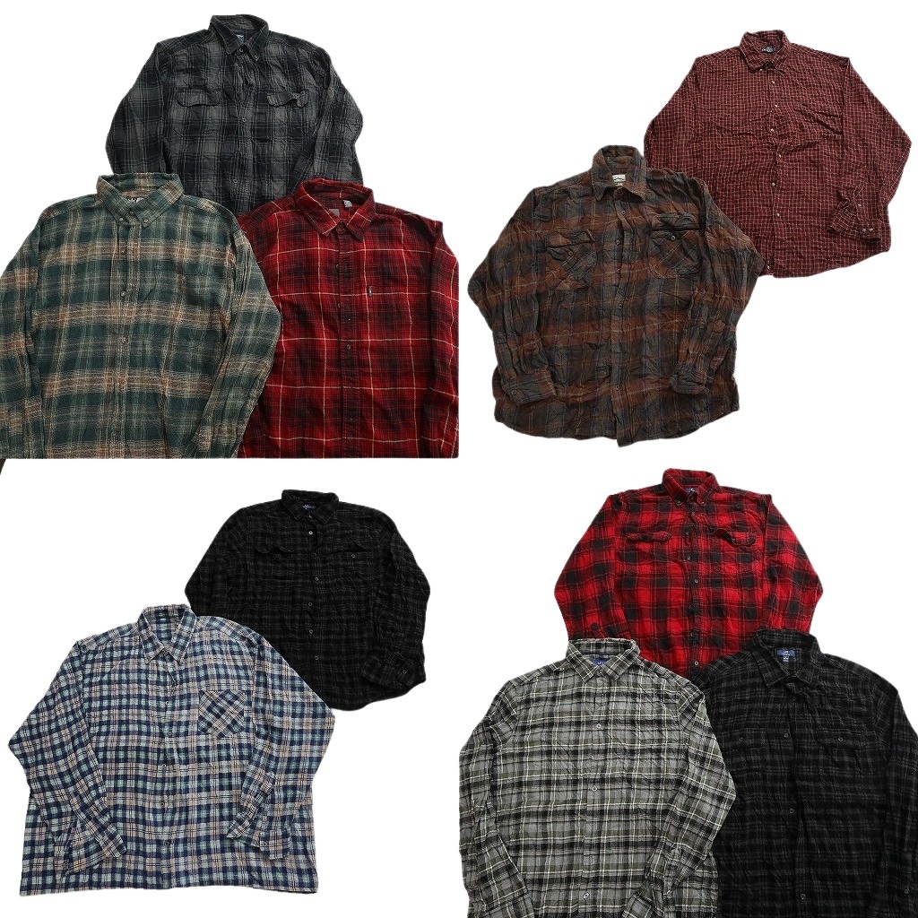 古着卸 まとめ売り フランネル ネルシャツ 長袖シャツ 10枚セット ( メンズ XL ) ボタンダウン ボックスカット ダブルフラップ 中古 NF6614｜YAMAHISA USEDCLOTHINGSHOP