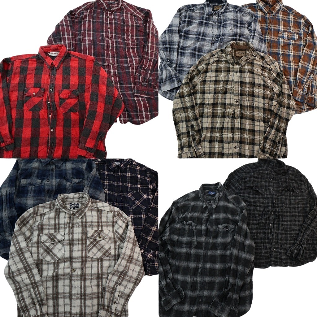 古着卸 まとめ売り フランネル ネルシャツ 長袖シャツ 10枚セット ( メンズ 2XL/3XL ) ダブルフラップ チェック ボタンダウン 中古 NF6637|YAMAHISA USEDCLOTHINGSHOP
