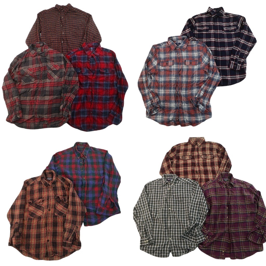古着卸 まとめ売り フランネル ネルシャツ 長袖シャツ 10枚セット ( メンズ Ｍ/Ｌ ) ダブルフラップ ボタンダウン チェック柄 中古 NF6644｜YAMAHISA USEDCLOTHINGSHOP