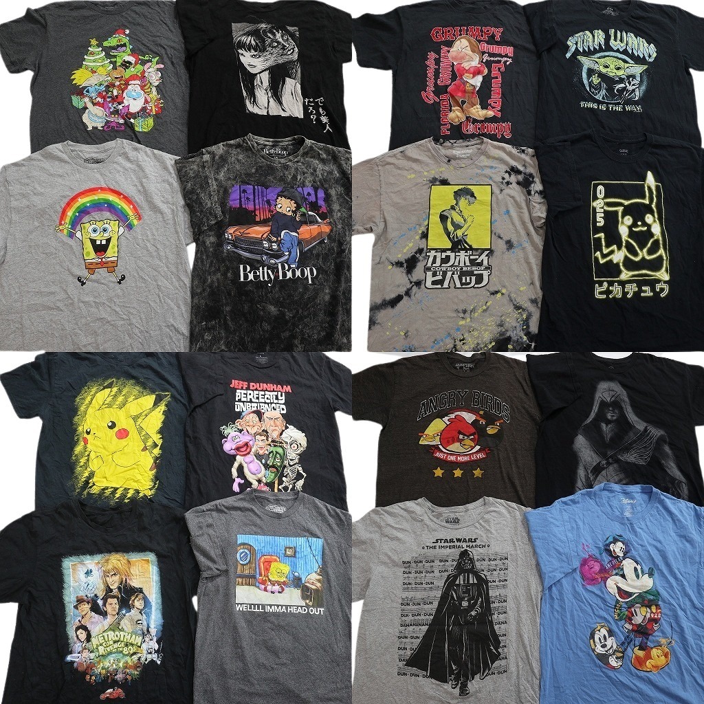 古着卸 まとめ売り キャラクター Tシャツ 16枚セット ( メンズ L ) スターウォーズ ディズニー ポケモン アングリーバード 中古古着 NF7428｜YAMAHISA USEDCLOTHINGSHOP