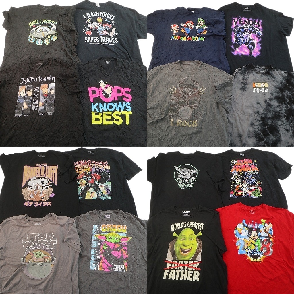 古着卸 まとめ売り キャラクター Tシャツ 16枚セット ( メンズ 3XL/4XL ) スターウォーズ シュレック 呪術廻戦 ポパイ 中古 古着 NF7506｜YAMAHISA USEDCLOTHINGSHOP