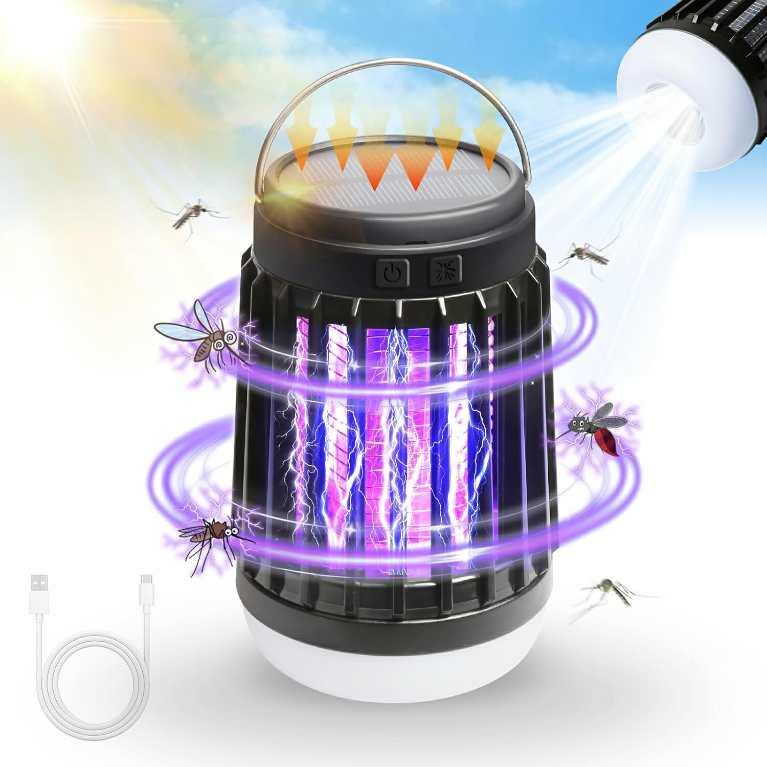 【売れ筋-2個目10%OFF！！！】電撃殺虫器 ソーラー【2026年夏編成替え版 ソーラー申し受ける式】コバエ取り 蚊取り コバエ殺虫灯 捕虫器 虫除け 殺虫機 こばえ打つ手 誘虫灯 LED点火装置 UV明かり吸いあげる式 360°蚊除け 殺虫点火装置省エネ 身寄り用 静音 吊り下げ式＆取り付け式両用