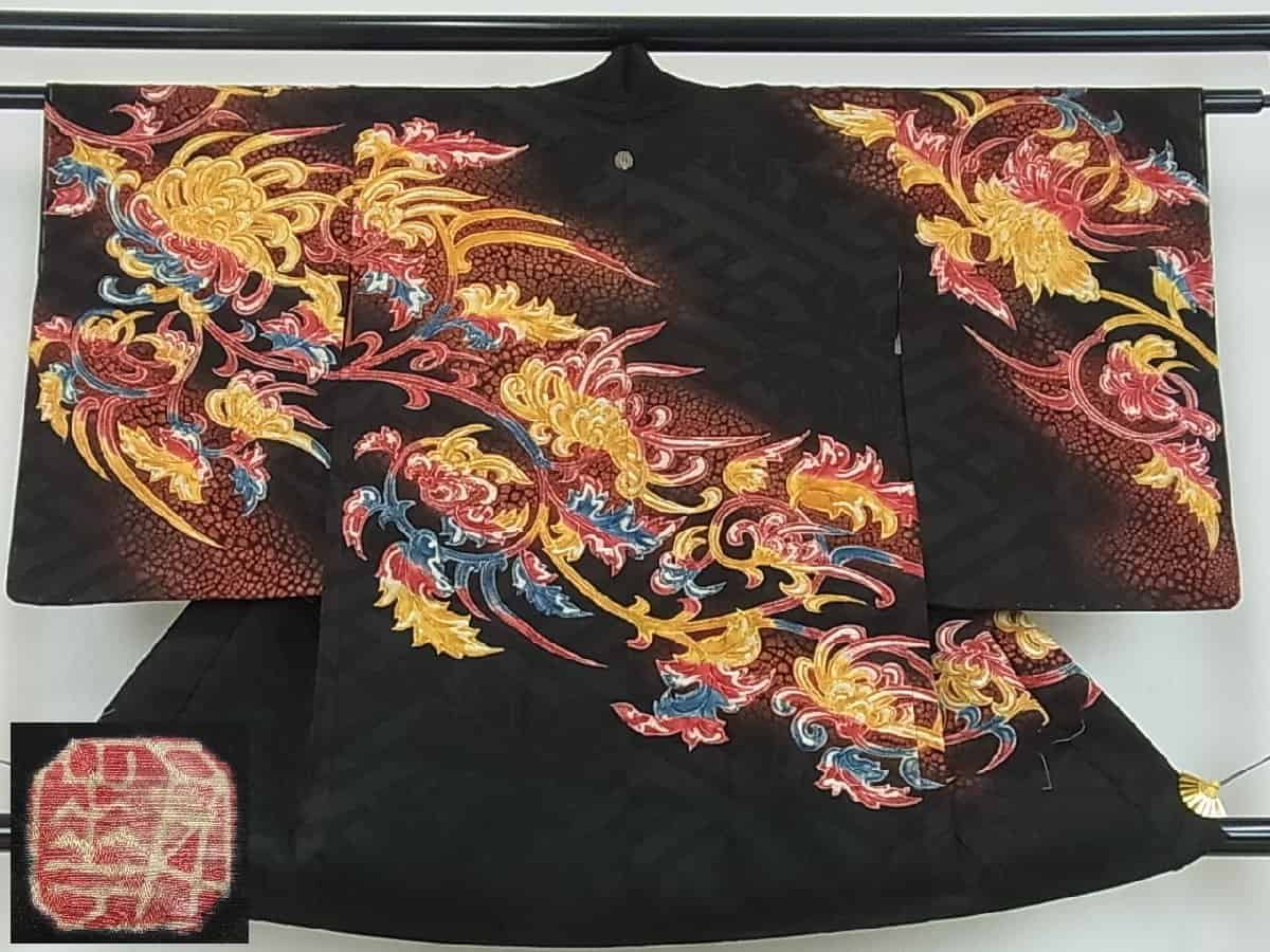 □平和屋□染彩芸術の巨匠 皆川月華 羽織 刺繍 乱菊 黒地 金糸 逸品