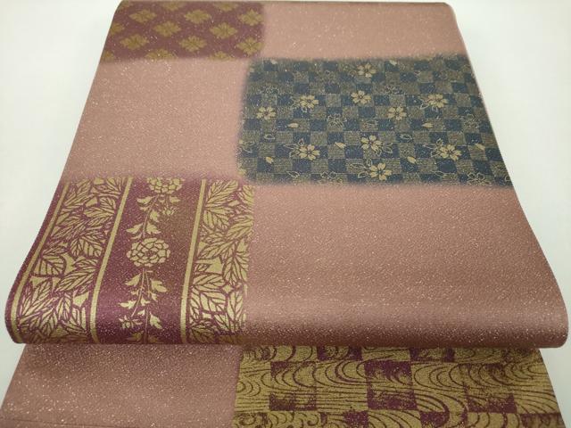 平和屋着物●全通柄袋帯　市松花文　金彩　金通し地　正絹　逸品　未使用　DABD1810ps｜平和屋