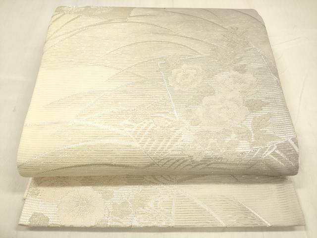 長閑やかさ屋お召しもの＊夏物 六通柄袋帯 水筋顕花植物文 銀糸 正絹 珠玉 DABD6870糎