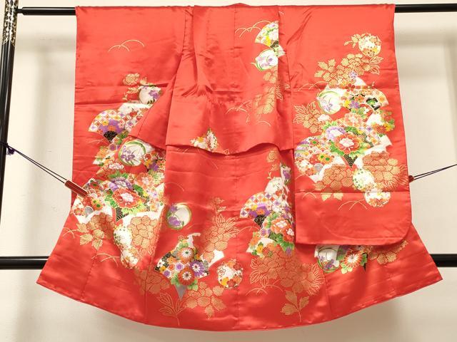 長閑やかさ屋御召しもの[]七五三 お嬢さん ３歳 祝着 参身 扇花文 金彩 珠玉 DABE7241ma
