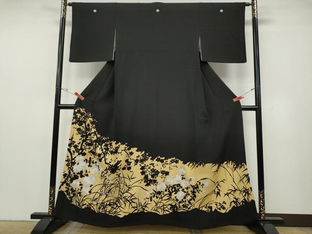長閑やかさ屋御召しもの●晴れ晴れしい黒留袖 刺しゅう 顕花植物文 影ぼうし 金彩 正絹 珠玉 CABG5453ut