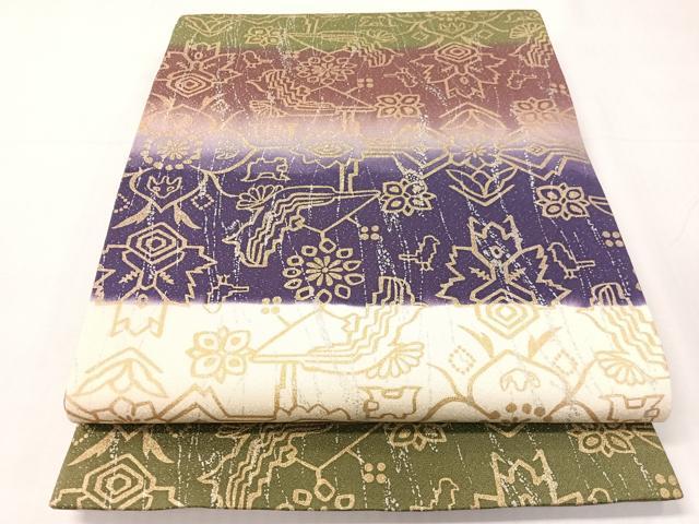 平和屋着物●全通柄袋帯　更紗鳥文　銀通し地　長尺　正絹　逸品　未使用　CABI4059vp｜平和屋
